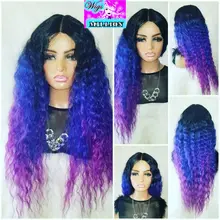Bella-Peluca de Cosplay de 28 pulgadas, pelo sintético rizado, mezcla de morado, Azul, Negro, encaje sintético largo, peluca fiesta, Cosplay diario