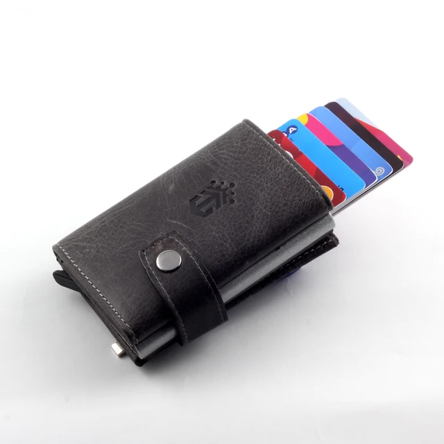 Smart Wallet Business Card Holder Real Cow Leather Handmade Smart Automatic Card Holder Men Gift Hasp Dark Grey