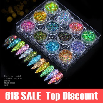 

12 Pcs Glitter Nail Powder Set Colored Nail Sequins Gold Glitter Iridescent Flakes Silver Shining Nail Art Manicure Decorations