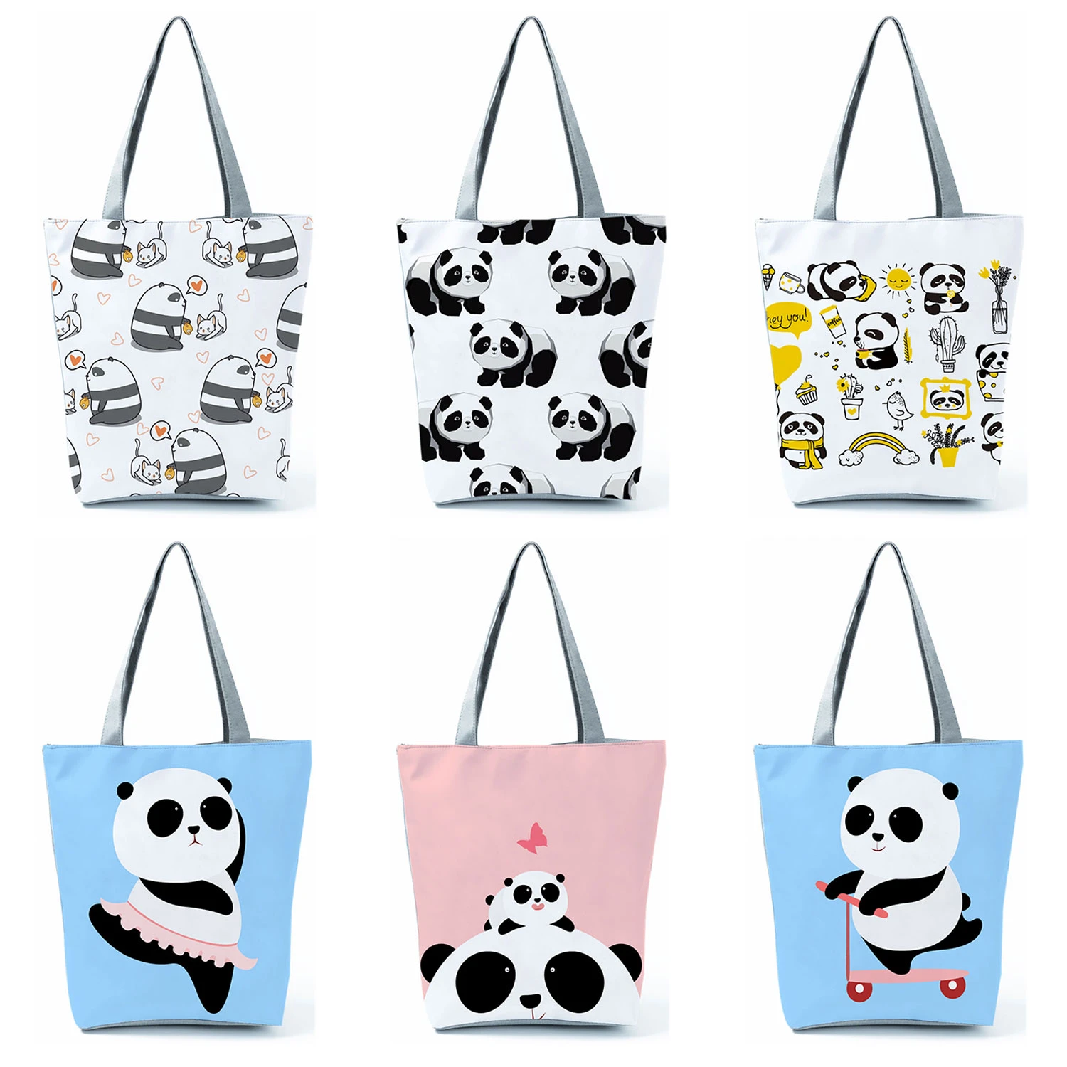 Cute Panda Print Handbags Cartoon High Capacity Women Shopping Bag Eco Reusable Casual Shoulder Bag Travel Beach Bag Lady Tote