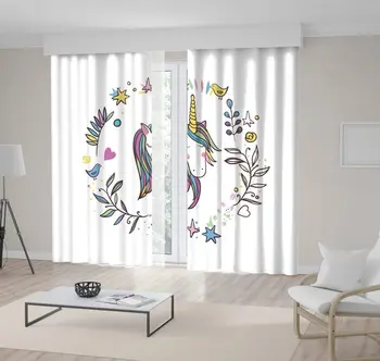 

Curtain Unicorn Pattern in A Frame of Leaves Branches Birds Stars Dreamy Fairy Tale Fun Purple Yellow Blue Artwork Printed