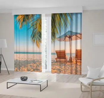 

Exotic Tropical Beach Landscape Summer Vacation Holiday Deckchairs Umbrella Sand and Palms Scene Blue Green Beige Curtain