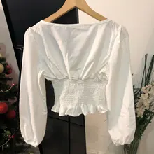 Short Blouses Womens Tops Long-Sleeve Vintage Square-Collar Casual Simple New Bow Solid