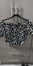 Blusa de chifón con manga corta para verano, camisa con estampado de margaritas y flores para mujer, cuello recortado, color negro