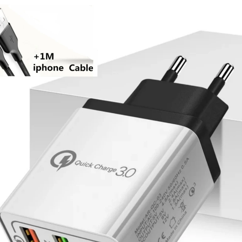 18 Вт Зарядное устройство для мобильного телефона Qualcom 3,0+ 2 x 2.1A выход+ 1 м Быстрый кабель. Ультра быстрое зарядное устройство. Iphone samsung Xaomi - Цвет: Black Iphone Cable