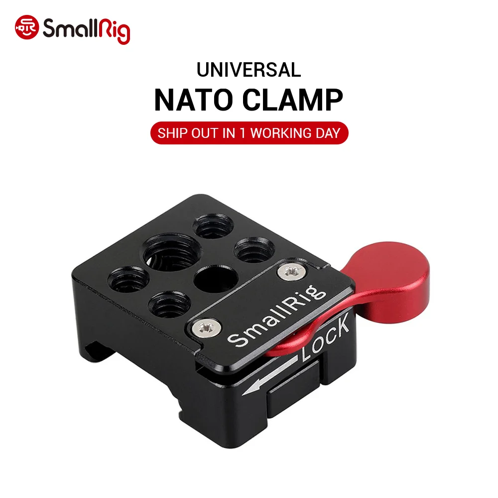 Зажим SmallRig NATO с красным рычагом блокировки позволяет установить алюминиевый