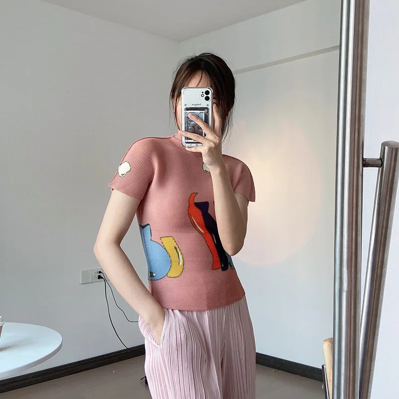

Pleated Tops Trim Women's new summer 2022 printed T-shirts