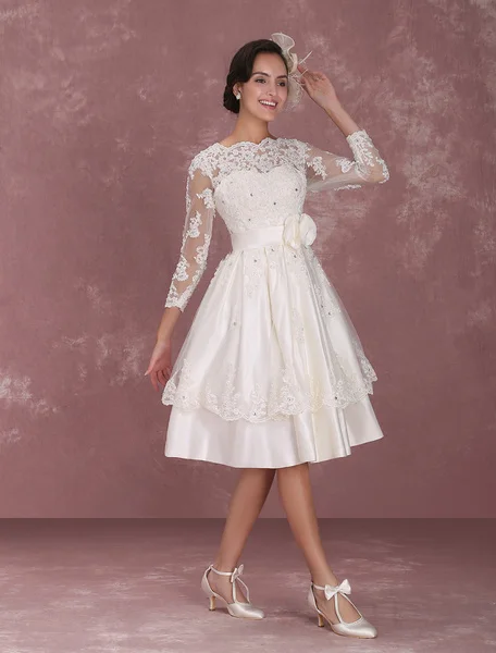 

Vintage Wedding Dresses 1950's Short Bridal Dress Lace Applique Long Sleeve Keyhole Flower Sash Tiered Wedding Reception Dress