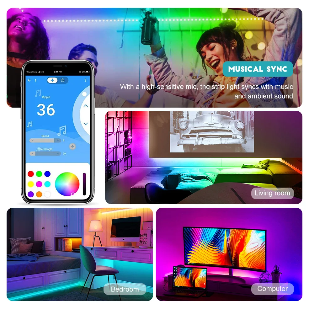 US $23.99 LED Strip Lights RGBIC Bluetooth Color Changing Rainbow LED Lights APP Control Smart Music Lights For Bedroom RoomParty