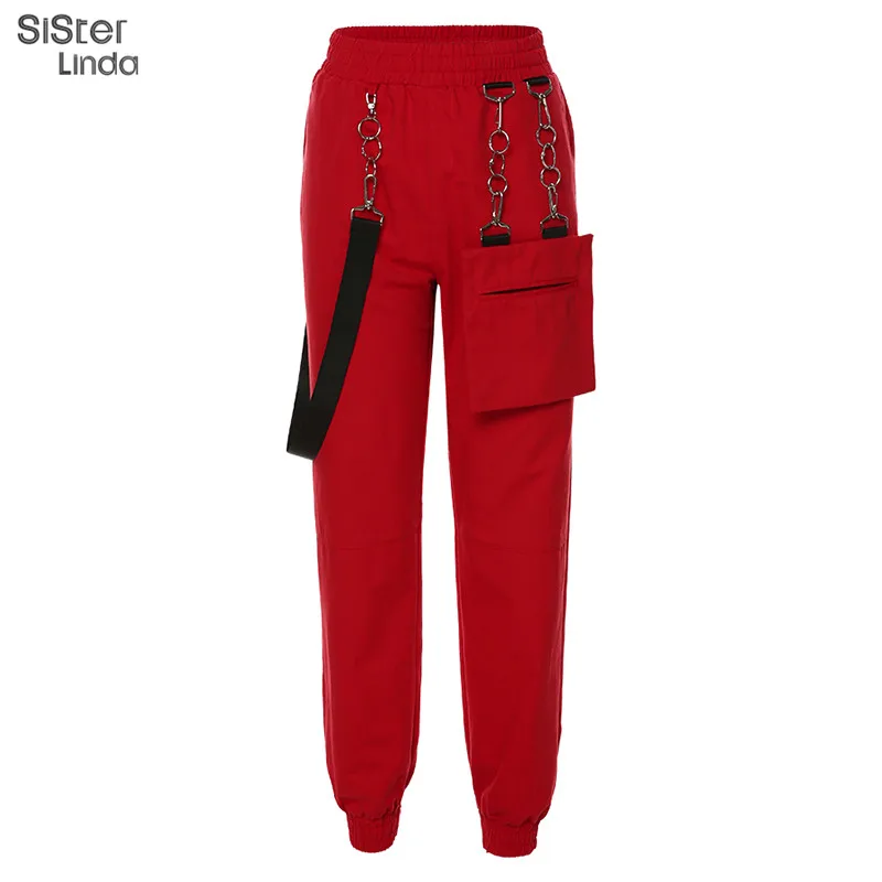 Sisterlinda/хлопковые брюки-карго с карманами и металлической цепочкой; женские лоскутные брюки; женские шаровары в стиле Харадзюку; джоггеры; Mujer; осень - Цвет: Красный