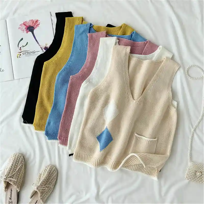 

2019 New Arrival Spring Autumn Fashion Patchwork Knitting Vest Women Sleeveless V-Neck Pullover Vests 5 Colors