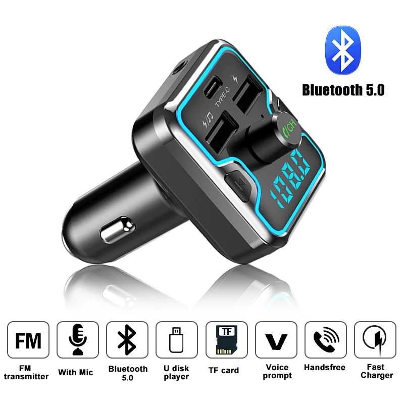 

Smart Bluetooth 5.0 Car FM Transmitter Modulator With Colorful LED Light Car Audio MP3 Player Handsfree Type-c USB Fast Charger