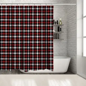 

Traditional Fabric Design Vintage Check Pattern Artwork Printed Red White Shower Curtain