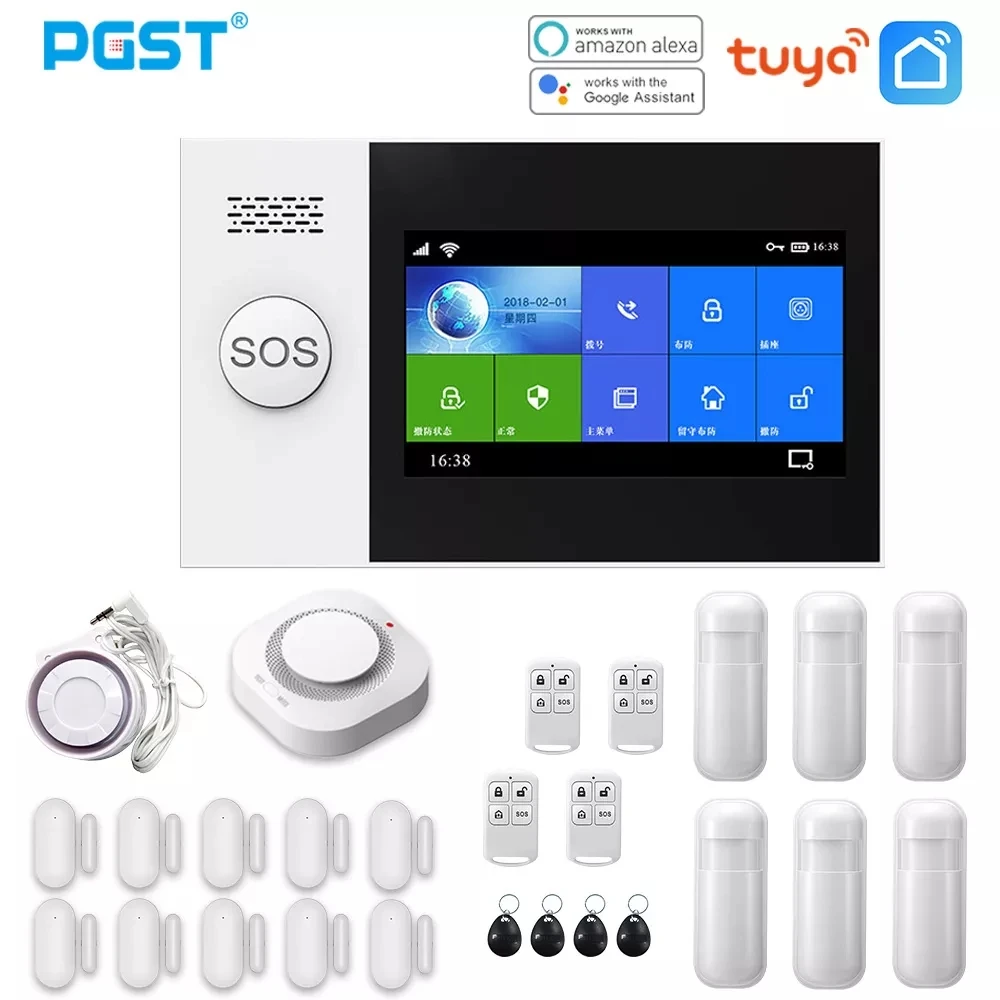 Sistema de alarma PGST PG107 Tuya, pantalla de 4,3 pulgadas, WIFI, GSM, GPRS, antirrobo, seguridad del hogar con Sensor de movimiento PIR, Detector de humo de fuego