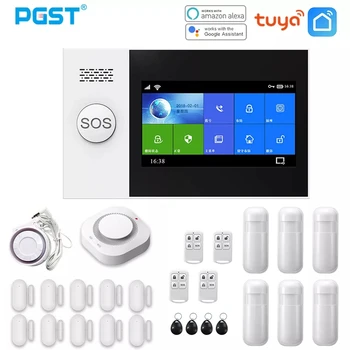 PGST PG107 Tuya 경보 시스템 4.3 인치 스크린 와이파이 GSM GPRS 도난 홈 보안 PIR 모션 센서, 화재 연기 감지기