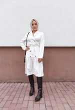 Dress Women Pleated-Belt Patchwork-Bottom Simplee Long-Sleeve Midi Notched Vintage Autumn