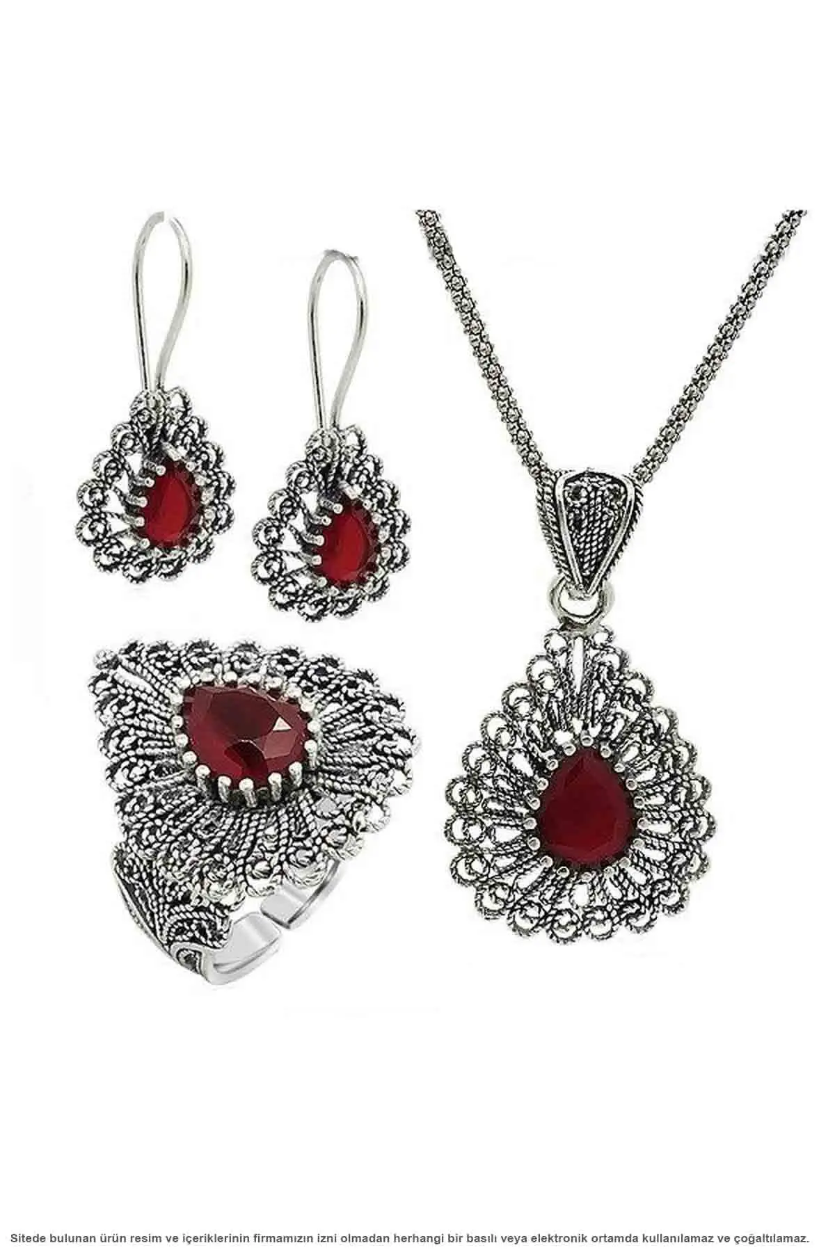 

Midyat Silver Filigree Ruby Cubic Zirconia Drop Triple Set