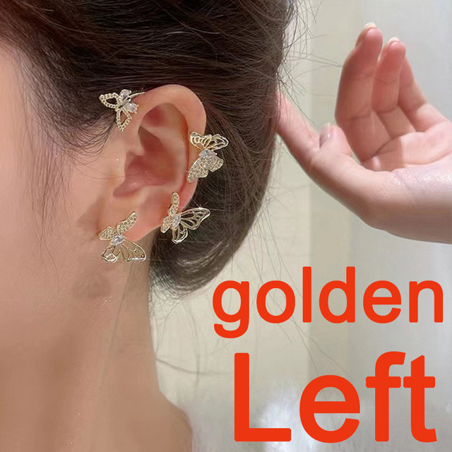 Sparkling Zircon Butterfly Leaf Gold Plated Metal Ear Cuff Women Fashion Non Piercing Clip Earrings Girl Party Jewelry