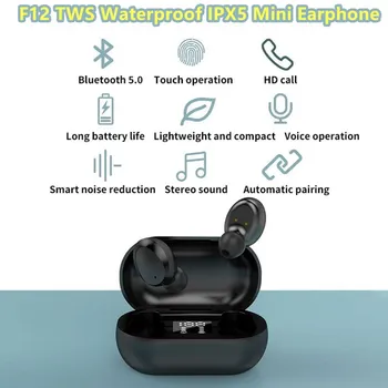 

F12 TWS Touch Operation Mini 5.0 Bluetooth Earphone HD Call Noise Reduction LED Earpieces Waterproof IPX5 Stereo In-ear Earbuds