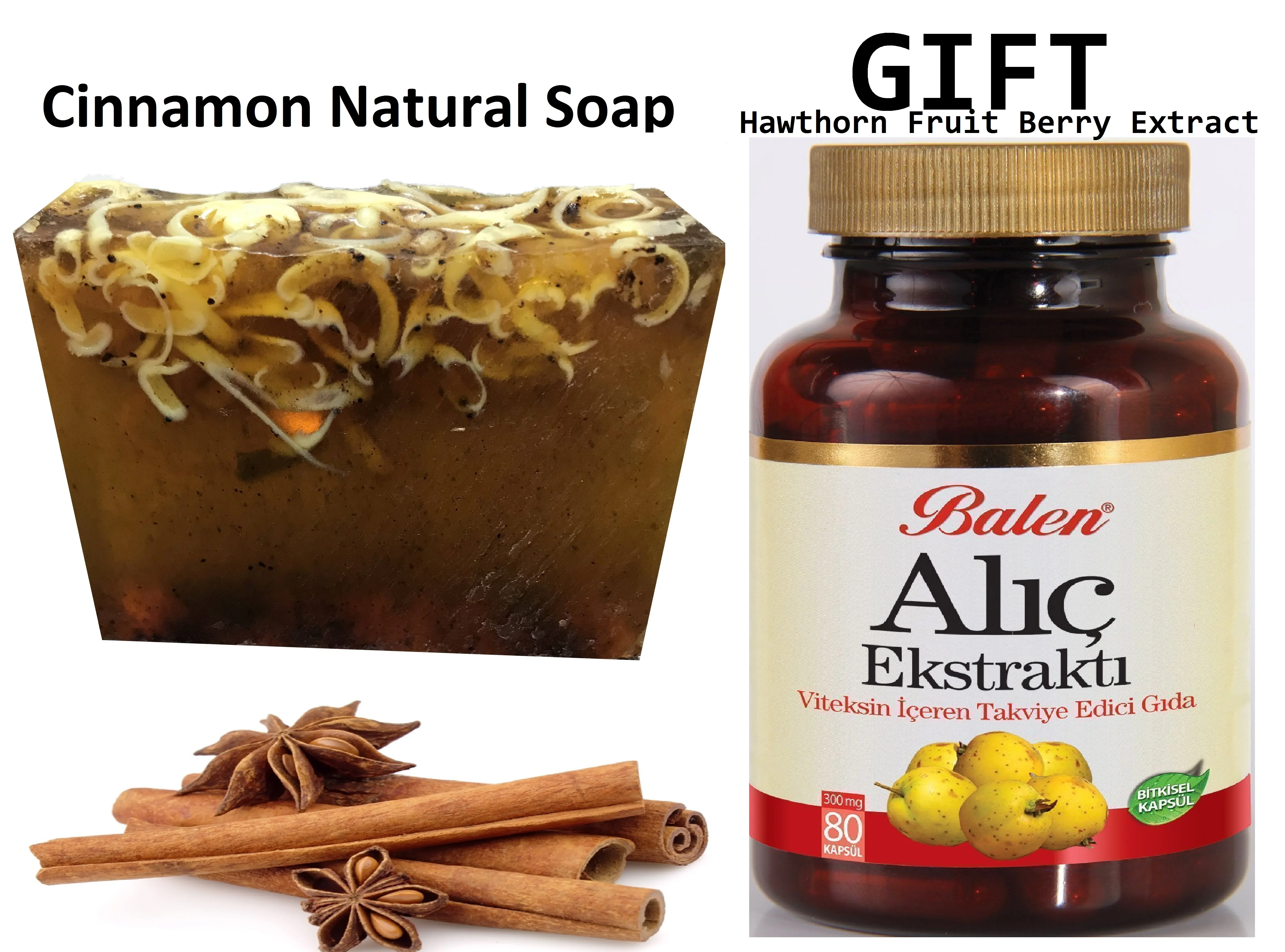 

Anti Acne Cinnamon Natural Handmade Soaps 100 gr+Gift Food Supplement Hawthorn Fruit Berry Extract antioxidants 80 Capsules