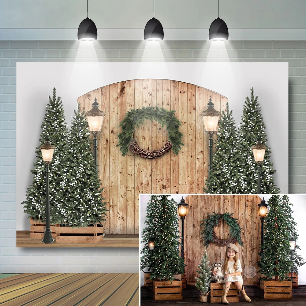 

Christmas Wood Backdrop Kids Child Photography Winter Snowy Street Background Festival Decor Baby Portrait Wreath Photostudio