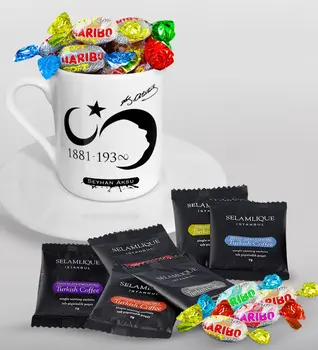 

Personalized Ataturk Themed Turkish coffee Cup Selamlique Mixed Turkish Coffee House and Haribo Candy Gift Seti-5