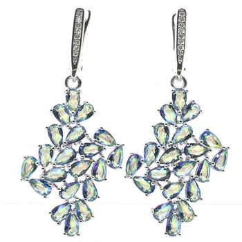 

46x22mm Dazzling Created Long Fire Rainbow Mystic Topaz CZ Gift For Sister Silver Earrings