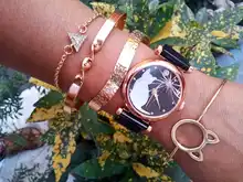 Women Watches Bracelet-Set Rose-Gold Luxury Quartz-Clock Black Ladies Cat-Pattern 5pcs/Set