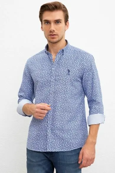 Uss. POLO ASSN. Синяя Узкая рубашка с принтом