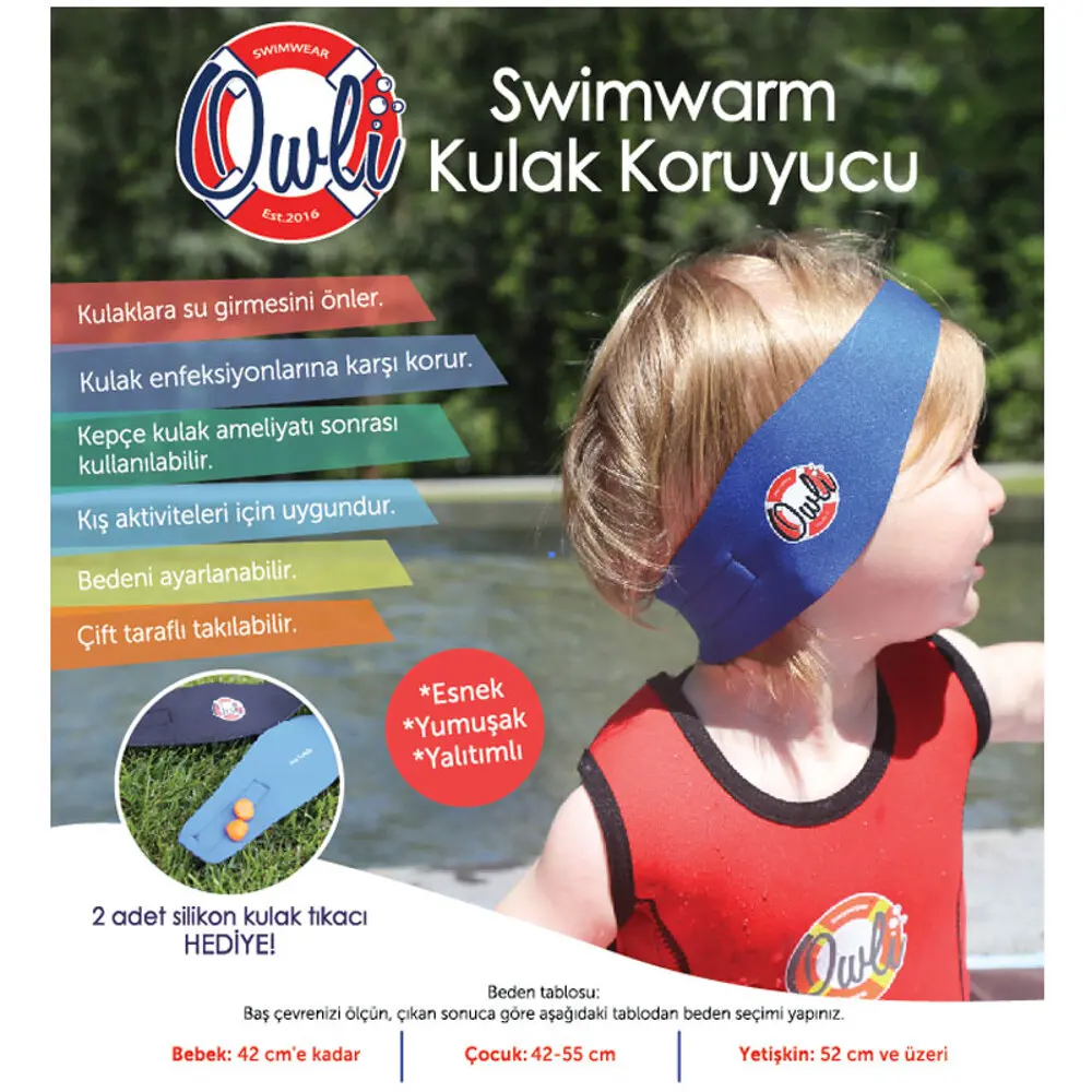 

Owli Ear Protector, For Baby, Blue Color, Waterproof, Neoprene Fabric, Double Sided Use, adjustable Size, Silicone Ear Plugs, S