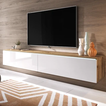 

Modern TV Stand KANE Floating TV Unit LED 180cm Oak with White Fronts