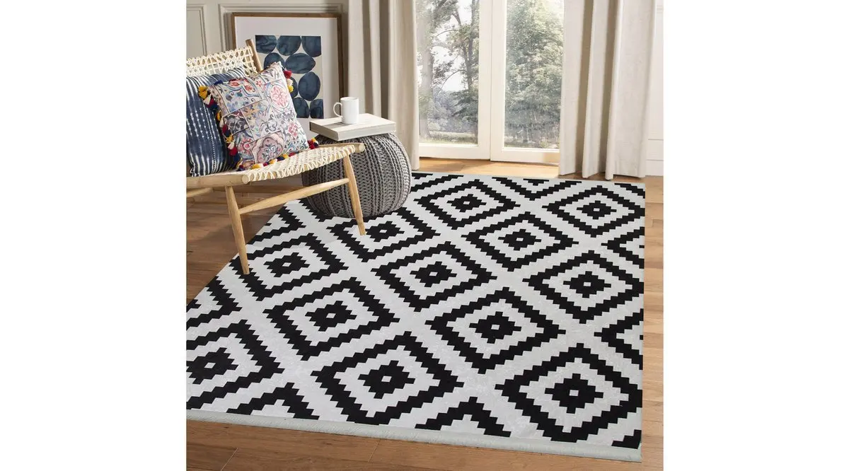 

Else Black White İkat Ogee Decorative Fringed Thin Rug Carpet