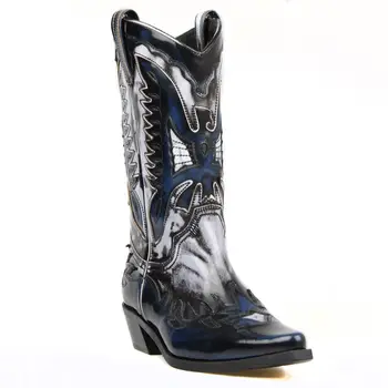 

FootCourt- Dark Blue Cowboy Boots Navy Blue White Genuine Leather Mid Calf Boots For Cowgirl Boots Heel Polished Leather western