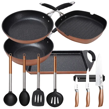 

BERGNER wrought aluminum large grill and pans battery + 3 stainless steel knives and 4 utensils