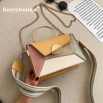 

Berrybenka Contrast Color PU Leather Crossbody Bags For Women 2020 Chain Handbags with Metal Handle Shoulder Simple Bag Totes