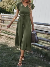 

ATUENDO Summer Fashion Solid Green Silk Dress for Women Vintage Satin Soft Maxi Party Robe Casual Retro Wedding Guest Dresses