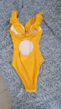 One-Piece Swimsuit Beachwear Women Monokini Ruffled SEASELFIE Yellow Sexy V-Neck Solid