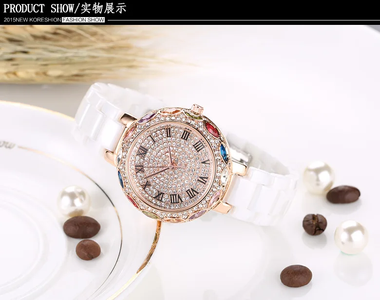 Пять лет гарантии модные Кристальные керамические женские часы модные водонепроницаемые кварцевые часы - Color: Coffee