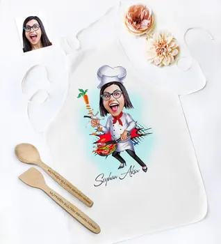 

Personalized Women 'S Chef Caricature Of Kitchen Apron Wooden Spoon Spatula set-2