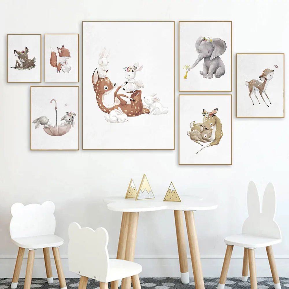 

Mom and Baby Love Deer Rabbit Animals Nursery Poster Print Canvas Painting Nordic Wall Art Picture Baby Kids Room Home Decor