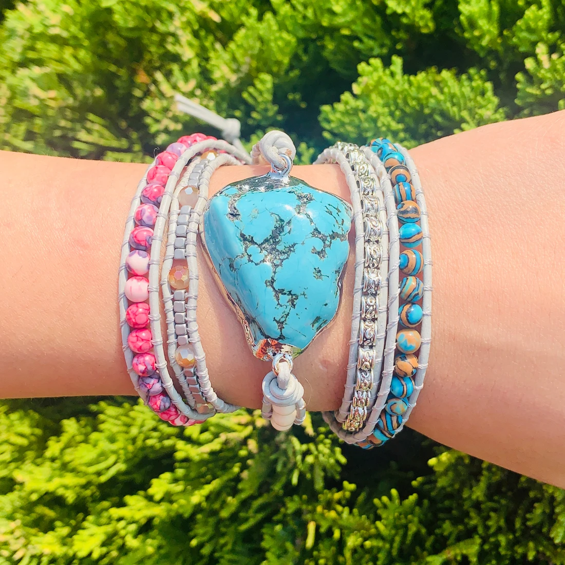 5X Leather Wrap Bracelet W/ Natural Stones Chain Beaded Strand Bracelet Boho Jewelry Dropshipping Wholesale