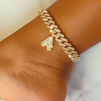 12mm DIY Gold Layered Initial Cuban Link Chain Iced Out Anklets for Women Cuban Anklet Ankle Bracelet Stainless Steel Jewelry