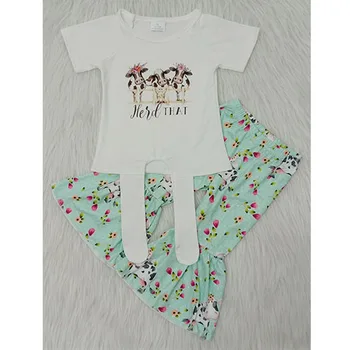 

Baby Kids Clothes Children Girls Summer Toddler Ruffle Cartoon Farm Cow Print Tops +Long Pants Girls Boutique Outfits Set