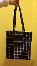 Tote-Handbag Canvas Large-Capacity Cotton Plaid-Shoulder-Bag Eco Durable Women Flax Linen