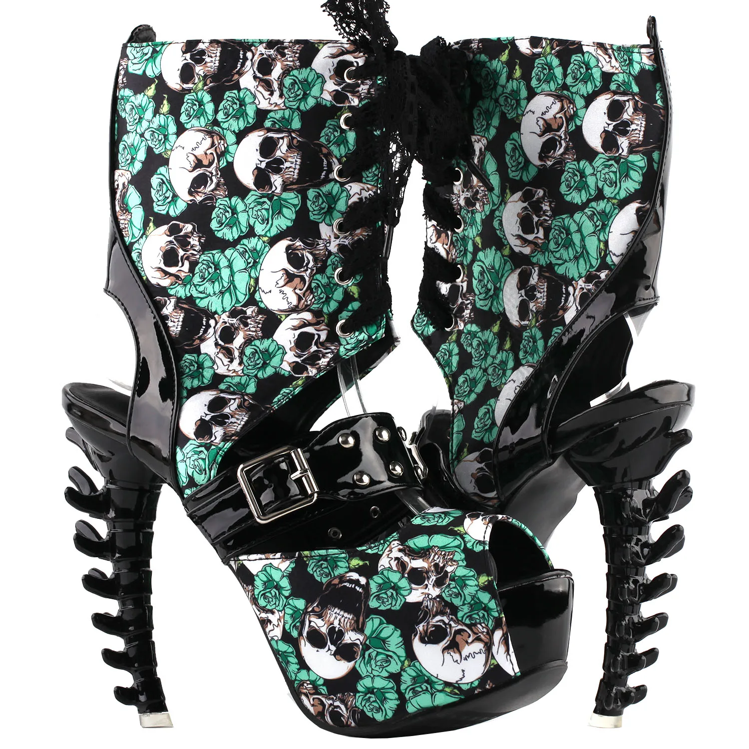 LF80663 SHOW STORY Punk Skull Rose Print Stud Buckle Lace UpPlatform Bone Heel Club Ankle Bootie