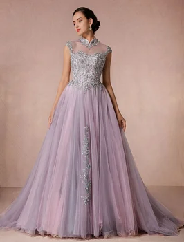 شراءالدانتيل فستان الزفاف تول مصلى ذيل شابيل فستان زفاف A خط الوهم العنق Quinceanera فستان بلا ظهر فاخر المسابقة