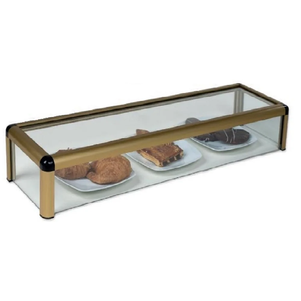 Vitrina tapas sobremostrador neutra de barra para bar y hosteleria cristal plano color oro largo 120cm.