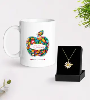 

Personalized World Best Teacher White Mug and Daisy Necklace Gift Seti-12