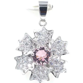 

32x21mm New Arrive Geometric Flowers Silver Pendant Created Pink Kunzite For Women Zircon Hot Pick Dating Party Girls Jewelry