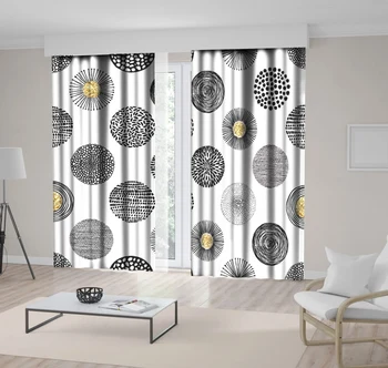 

Curtain Polka Dots Lines Golden Foil in Circle Shapes Doodle Style Fun Artwork Printed Black White Yellow